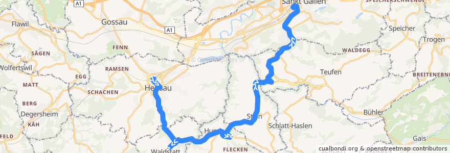 Mapa del recorrido Bus 180: Herisau => St. Gallen via Waldstatt, Hirschenkreuzung de la línea  en Appenzell Ausserrhoden.