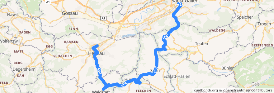 Mapa del recorrido Bus 180: St. Gallen => Herisau via Waldstatt, Hirschenkreuzung de la línea  en Appenzell Rhodes-Extérieures.