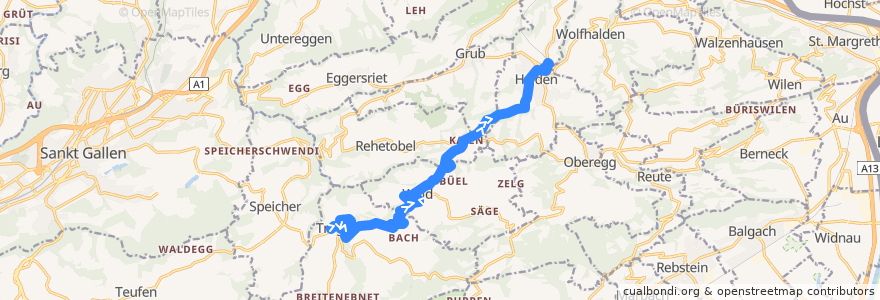 Mapa del recorrido Bus 230: Trogen => Wald AR => Heiden de la línea  en Appenzell Rodas Exteriores.