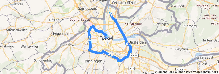 Mapa del recorrido Bus 36: Kleinhüningen => Erlenmatt => Schifflände de la línea  en Basel.