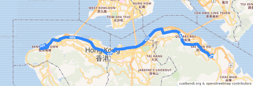 Mapa del recorrido Bus 18X (Shau Kei Wan → Kennedy Town (Belcher Bay)) de la línea  en Hong Kong Adası.