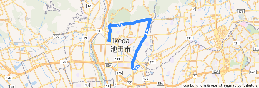 Mapa del recorrido 11: 石橋北口→池田（文化会館前経由） de la línea  en 池田市.