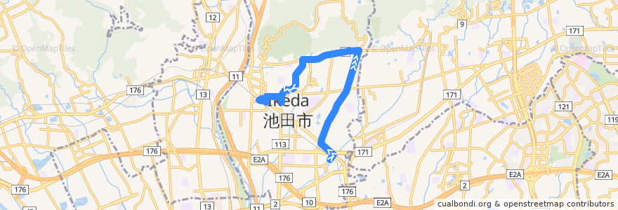 Mapa del recorrido 12: 石橋北口→池田（井口堂経由） de la línea  en Ikeda.