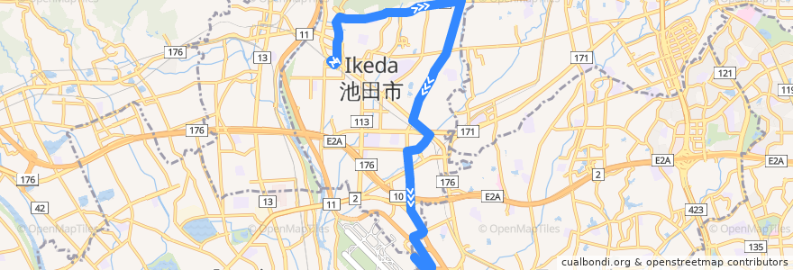 Mapa del recorrido 1: 池田→石橋北口（井口堂経由）→大阪国際空港 de la línea  en 池田市.