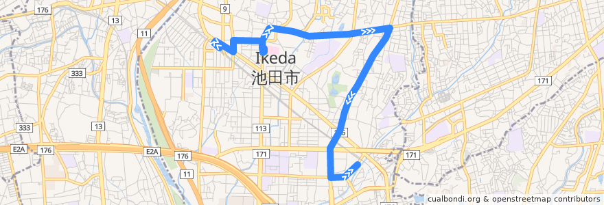 Mapa del recorrido 3: 池田→石橋北口 de la línea  en 池田市.