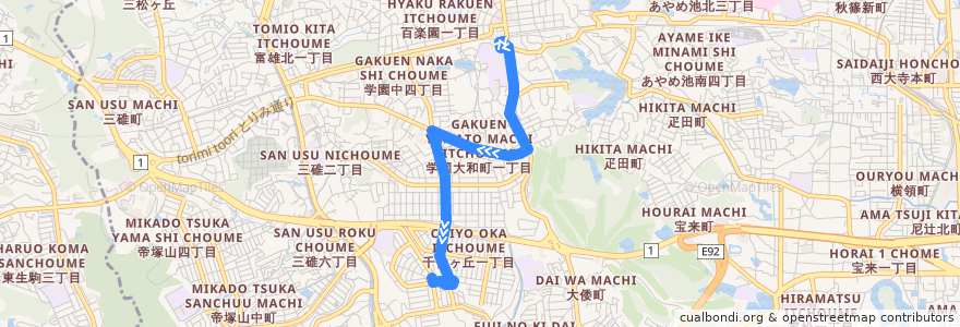 Mapa del recorrido 学園前駅（南） - 学園中三丁目 - 西千代ヶ丘二丁目 (Gakuemmae Station to Nishichiyogaoka 2-chome via Gakuennaka 3-chome) de la línea  en Nara.