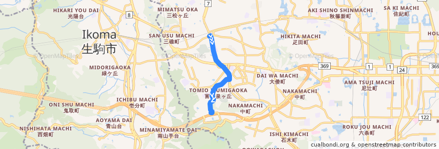 Mapa del recorrido 富雄 - 近畿大学 (Tomio to Kinki University) de la línea  en 奈良市.