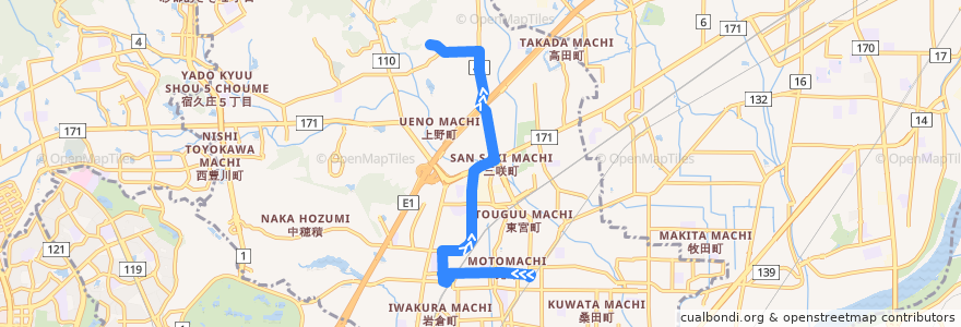 Mapa del recorrido 82: 阪急茨木→大手門学院前 de la línea  en Ibaraki.