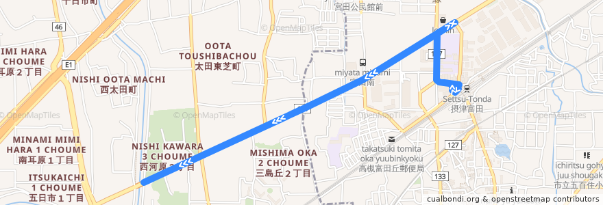 Mapa del recorrido 65: JR富田→JR茨木 de la línea  en 大阪府.