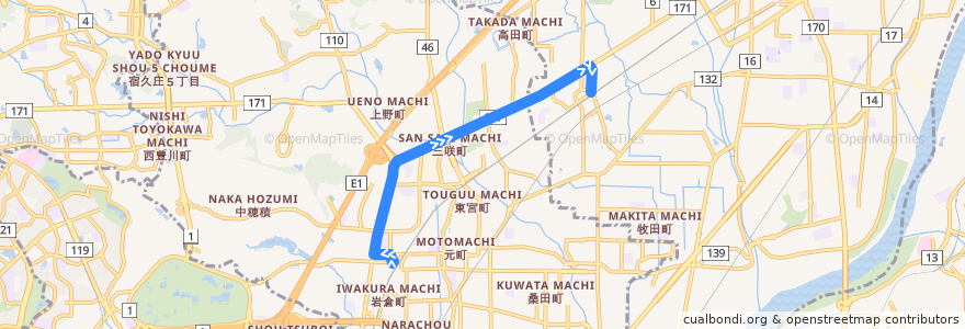 Mapa del recorrido 65: JR茨木→JR富田 de la línea  en 大阪府.