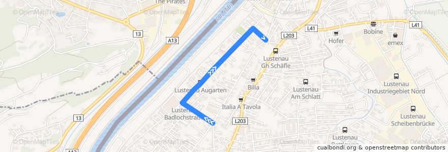 Mapa del recorrido Bus 51a: Lustenau Raiffeisenstraße => Bahnhof de la línea  en Lustenau.