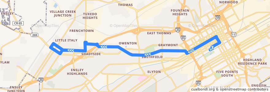 Mapa del recorrido 38 Graymont Ensley de la línea  en Birmingham.