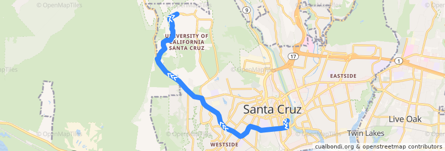 Mapa del recorrido SCMTD 15: Santa Cruz => UCSC de la línea  en Santa Cruz County.