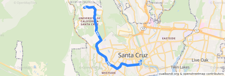 Mapa del recorrido SCMTD 16: Santa Cruz => UCSC de la línea  en Santa Cruz.