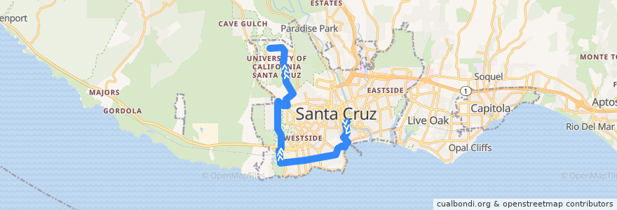 Mapa del recorrido SCMTD 20: Santa Cruz => Delaware & Swift => UCSC de la línea  en Santa Cruz.