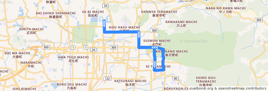 Mapa del recorrido 高畑町 - 航空自衛隊 (Takabatake-cho to Koku Jieitai) de la línea  en 奈良市.