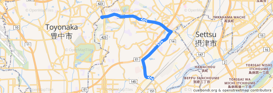 Mapa del recorrido 5: JR吹田北口→桃山台駅前 de la línea  en 吹田市.