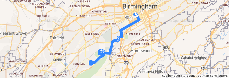 Mapa del recorrido 48 South Powderly de la línea  en Birmingham.
