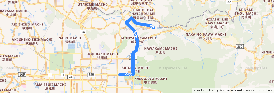 Mapa del recorrido 青山住宅 → 近鉄奈良駅 (Aoyama Jūtaku to Kintetsu Nara Station) de la línea  en 奈良市.