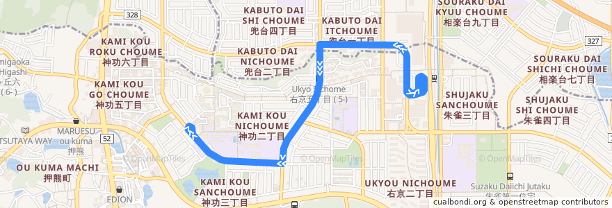 Mapa del recorrido 高の原駅 - 兜台一丁目 - 神功四丁目 (Takanohara Station to Jingu 4-chome via Kabutodai 1-chome) de la línea  en Japón.