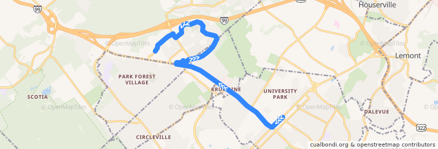 Mapa del recorrido Bus V: Campus and Downtown -> North Atherton Place -> Vairo Boulevard -> The Colonnade de la línea  en Centre County.