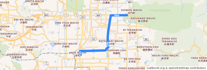 Mapa del recorrido 杏中町 → 県庁前 (Karamomo-Nakamachi to Kenchō-mae) de la línea  en نارا.