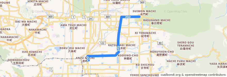 Mapa del recorrido 杏中町 → 県庁前 (Karamomo-Nakamachi to Kenchō-mae) de la línea  en 奈良市.