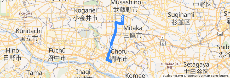 Mapa del recorrido Bus 鷹56 三鷹駅->調布駅北口 de la línea  en 東京都.