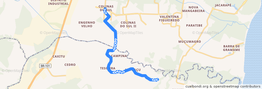 Mapa del recorrido 113 - Term. Int. Colinas do Sul/Gramame/Mituaçu de la línea  en Região Metropolitana de João Pessoa.