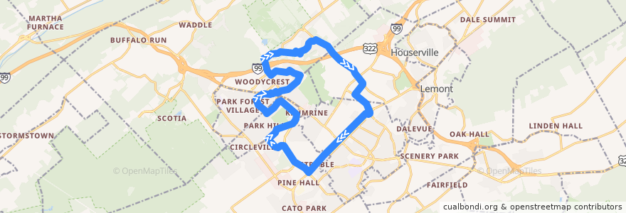 Mapa del recorrido Bus NV: Campus and Downtown -> Havershire Boulevard -> Martin Street -> Aaron Drive -> Vairo Boulevard -> Toftrees Avenue -> Campus and Downtown de la línea  en Centre County.