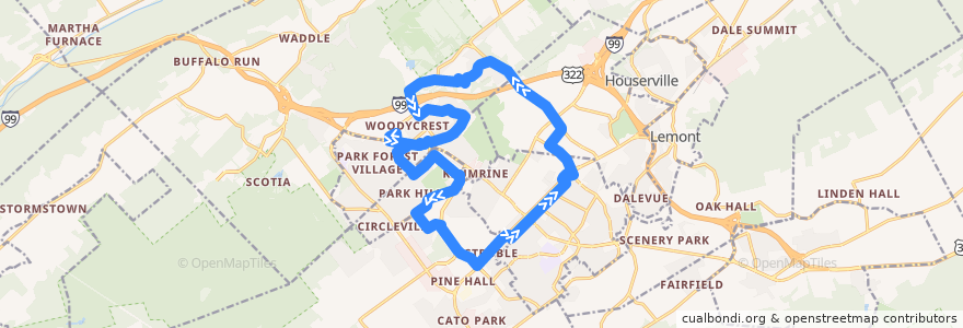 Mapa del recorrido Bus VN: Downtown -> Toftrees Avenue -> Vairo Boulevard -> The Colonnade -> Aaron Drive -> Martin Street -> Havershire Boulevard -> Downtown de la línea  en Centre County.