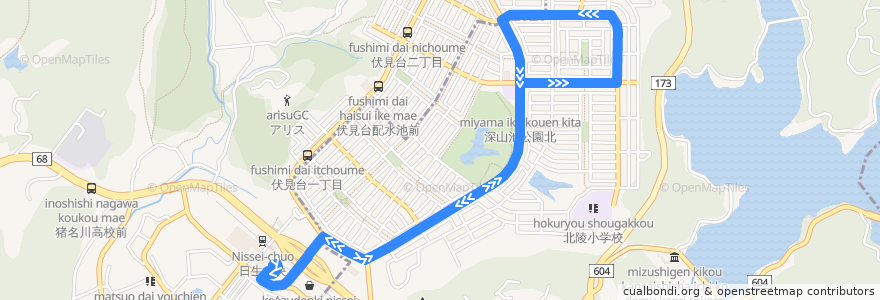 Mapa del recorrido 65: 日生中央→カリヨンの丘（循環） de la línea  en Kawanishi.