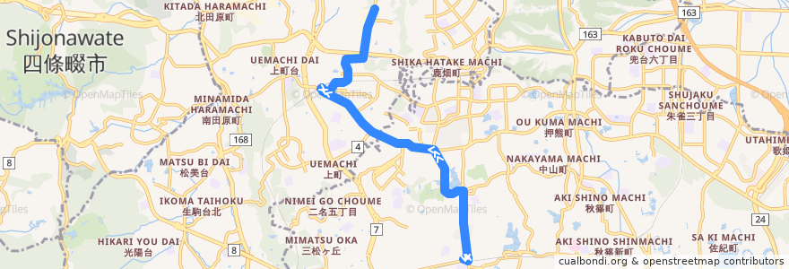 Mapa del recorrido 学園前駅（北） → 学研北生駒駅 → 高山サイエンスタウン (Gakuemmae Station to Takayama Science Town via Gakken Kita-Ikoma Station) de la línea  en Нара.