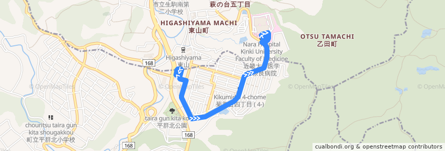 Mapa del recorrido 東山駅 - 近畿大学医学部奈良病院 (Higashiyama Station to Nara Hospital Kinki University Faculty of Medicine) de la línea  en 奈良県.