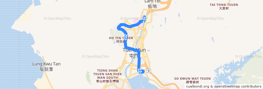 Mapa del recorrido 輕鐵505綫 Light Rail 505 (兆康 Siu Hong → 三聖 Sam Shing) de la línea  en 屯門區 Tuen Mun District.