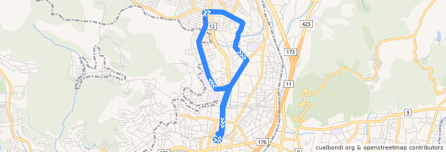 Mapa del recorrido 15: 川西バスターミナル～松が丘・鴬が丘（循環） de la línea  en Kawanishi.