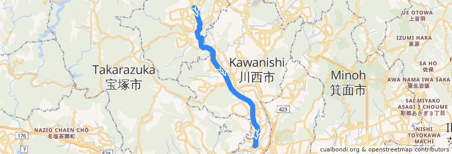 Mapa del recorrido 2: 紫合→阪急川西能勢口 de la línea  en Hyogo Prefecture.