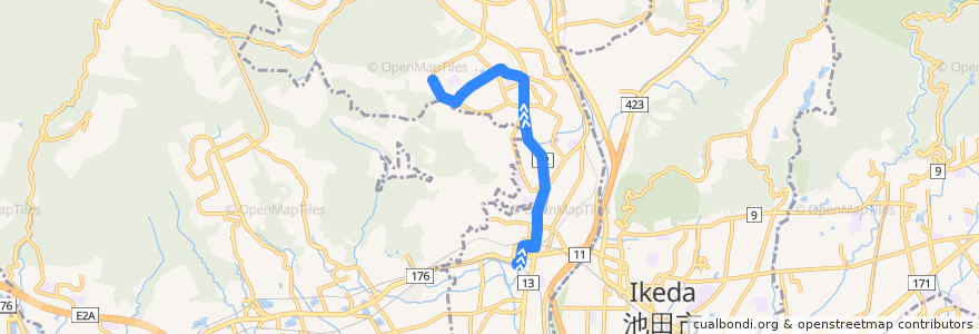 Mapa del recorrido 4: JR川西池田→湯山台 de la línea  en 川西市.