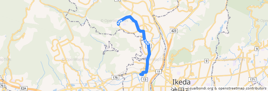 Mapa del recorrido 4: 湯山台→JR川西池田 de la línea  en 川西市.