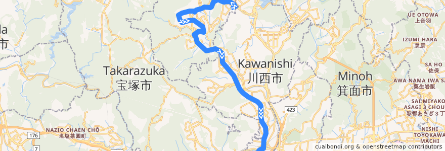 Mapa del recorrido 6: 日生中央→JR川西池田 de la línea  en 兵库县/兵庫縣.