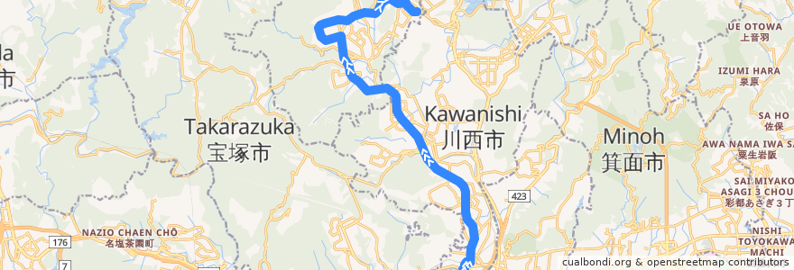 Mapa del recorrido 8: 阪急川西能勢口→日生中央 de la línea  en Hyogo Prefecture.