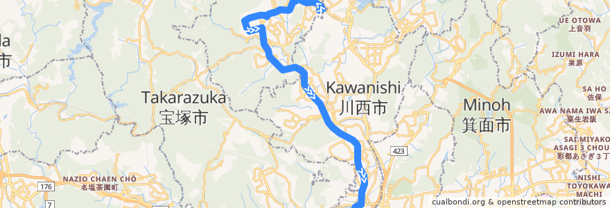 Mapa del recorrido 8: 日生中央→阪急川西能勢口 de la línea  en 兵庫県.