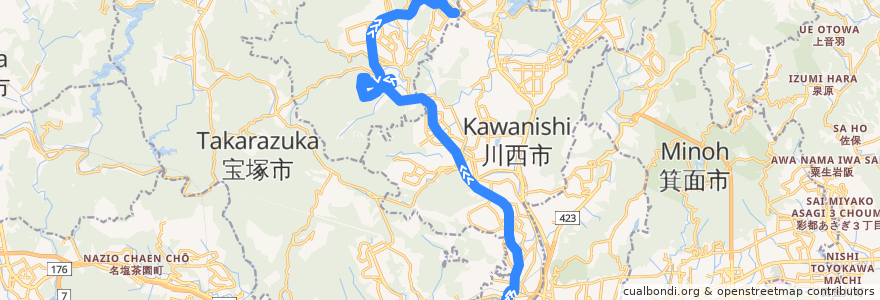 Mapa del recorrido 9: 阪急川西能勢口→日生中央 de la línea  en 兵库县/兵庫縣.