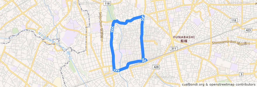 Mapa del recorrido 祖師谷・成城循環線 de la línea  en Setagaya.