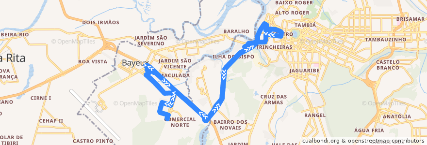 Mapa del recorrido 5503 - Mário Andreazza/Acesso Oeste/João Pessoa de la línea  en Região Metropolitana de João Pessoa.