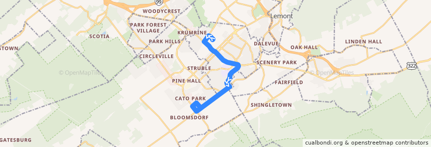 Mapa del recorrido Bus RC: Campus -> Waupelani Drive -> Research Drive de la línea  en Centre County.