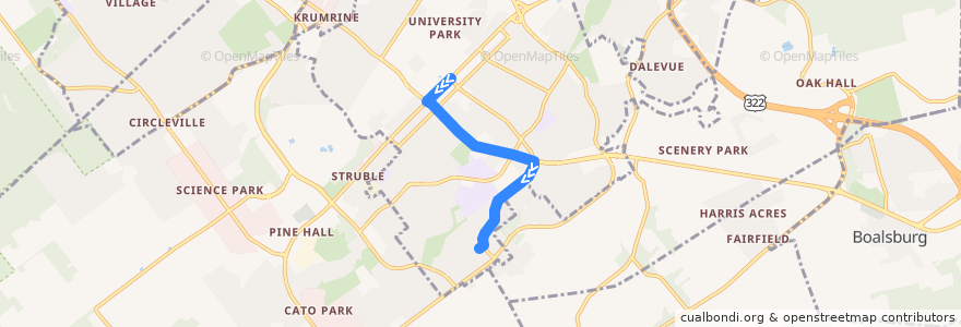 Mapa del recorrido Bus RP: Downtown -> Waupelani Drive de la línea  en State College.