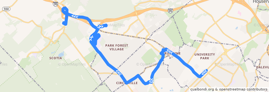 Mapa del recorrido Bus W: Campus and Downtown -> Northland Center -> The Heights -> Oak Hill Apartments -> Valley Vista Drive -> CVIM -> Geisinger Grays Woods de la línea  en Centre County.