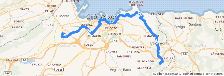 Mapa del recorrido Linea 25 Tremañes-Infanzon de la línea  en Gijón / Xixón.