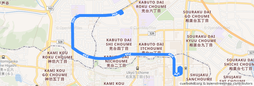 Mapa del recorrido 高の原駅 - 兜台五丁目 (Takanohara Station to Kabutodai 5-chome) de la línea  en Prefettura di Kyoto.